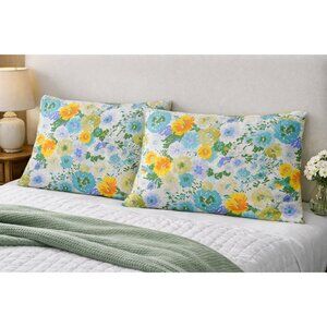 Vintage Blue Floral Pillowcases Set 2 Queen Size Retro Cottagecore Bedding